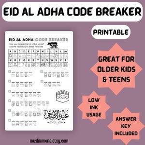 Puede incluir: Actividad de descifrado de código de Eid al-Adha imprimible para niños mayores y adolescentes. La hoja de trabajo presenta un rompecabezas de descifrado de código con una clave que utiliza imágenes para representar letras. La clave de respuesta está incluida.
