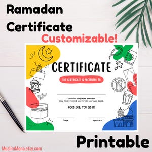Könnte beinhalten: Ein druckbares Ramadan-Zertifikat mit bunten Illustrationen islamischer Symbole, darunter ein Halbmond, eine Moschee und eine Laterne. Das Zertifikat lautet "ZERTIFIKAT" und "DAS ZERTIFIKAT WIRD ÜBERREICHT AN". Es enthält auch den Text "Sie haben den Ramadan abgeschlossen. Möge Allah Sie für all Ihre guten Taten belohnen. GUT GEMACHT, SIE HABEN ES GESCHAFFT!" mit Platz für Datum und Unterschrift.