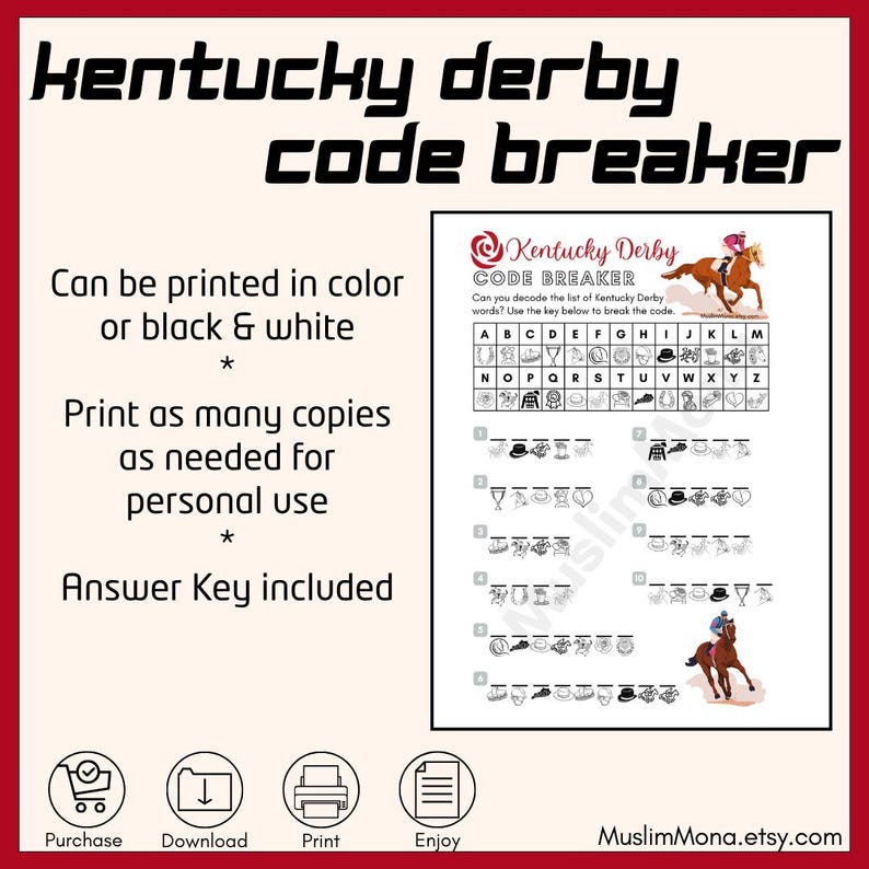 Kentucky Derby Pictogram Cipher Activity for Kids or Adults Printable ...