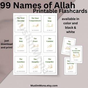 Pode incluir: Flashcards imprimíveis com os 99 Nomes de Allah, disponíveis em cores e preto e branco. Cada cartão exibe um nome em caligrafia árabe com tradução em inglês. Os cartões são projetados para download e impressão.