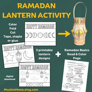 May include: Printable Ramadan lantern activity with three different designs. The activity includes coloring, cutting, folding, and assembling a lantern. The set also includes a Ramadan basics read and color page.