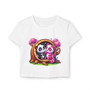 Bonita camiseta corta con animales, camiseta para bebé para mujer: bonita camiseta corta blanca con dibujos de pandas, corazones divertidos, estilo caprichoso y conmovedor