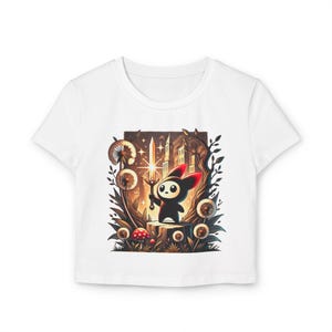 Bonita camiseta corta con animales, colorida camiseta corta para mujer con panda, escena de bosque de fantasía, bonita camiseta con dibujos animados, capa roja