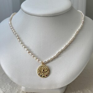 Freshwater Pearl Choker with Evil Eye Pendant – Gold Plated Protection Necklace, Dainty Handmade Gift for Her