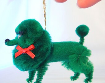Dark Green Poodle Christmas Ornament, Retro 50s Nostalgia Pom Pom Animal