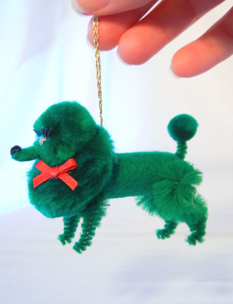 Dark Green Poodle Christmas Ornament, Retro 50s Nostalgia Pom Pom Animal image 1