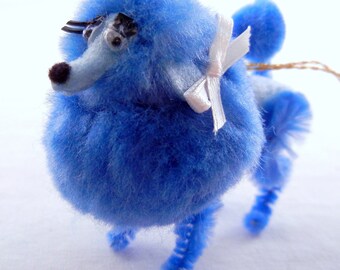 Blue Pom Pom Poodle Ornament, Retro 50s 60s Style Nostalgia