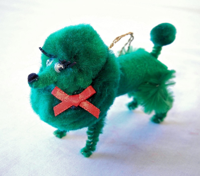 Dark Green Poodle Christmas Ornament, Retro 50s Nostalgia Pom Pom Animal image 2