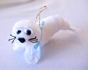 Arctic Seal Christmas Ornament or Mirror Decor, Furry White Pom Pom Creature, Baby