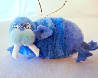 Blue Walrus Christmas Ornament Mirror Decoration 60s Mod Psychedelic Animal