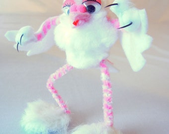 Furry Toed Monster Pigeon Figurine: Pink Mutant Bird, Kitsch Sci-Fi Decor