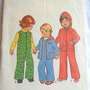 May include: A vintage Simplicity sewing pattern for children's clothing. The pattern is for a green jumpsuit, a blue quilted jacket, and a red hooded jacket. The pattern number is 7774 and the price is $1.25.