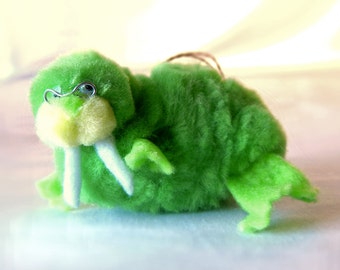 Green Walrus Christmas Ornament Decoration, Mod Lime 60s Pom Pom Animal