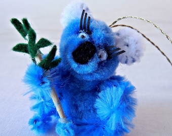 Blue Koala Bear Christmas Ornament or Mirror Decoration, Cute Mod Pom Pom Animal