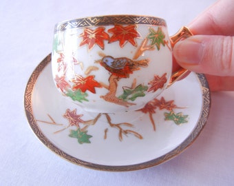 Teacup Set, Japanese Maple and Bird Motif, Wales China, Eggshell Thin Porcelain