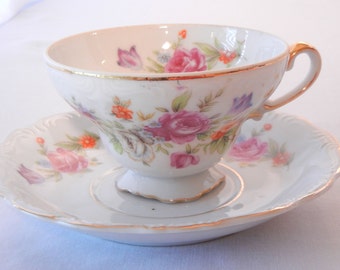 Floral Teacup Set: Pink Roses, Gold Trim, Wales China from Japan