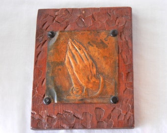 Praying Hands Wall Plaque, Folk Art Embossed Metal Carved Wood Patinaed, Vintage 60s Handmade, Durer Image