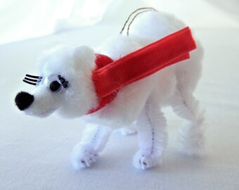 White Polar Bear Ornament Wearing Red Scarf, 50s 60s Festive Christmas Retro Holiday Decoration