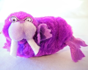 Purple Walrus Christmas Ornament Decoration, 60s Mod Style Pom Pom Animal