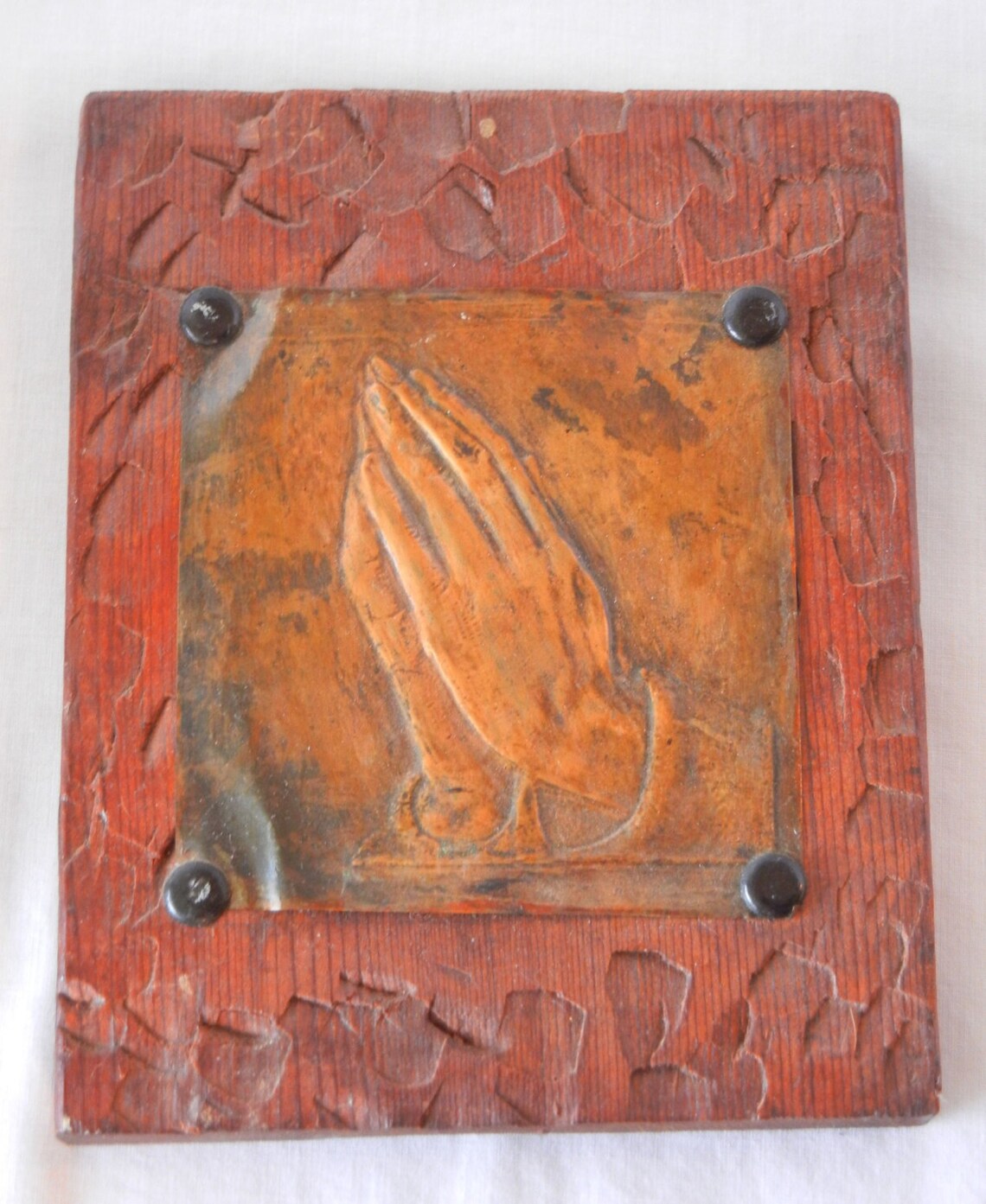 Praying Hands Wall Plaque Folk Art Embossed Metal Carved Wood Etsy