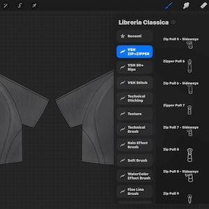 May include: A digital illustration of a gray t-shirt design, displayed on a dark background. The image includes a side panel with text in Italian, including "Libreria Classica" and various design options like "VSN ZIP+ZIPPER" and "Zipper Pull 6".