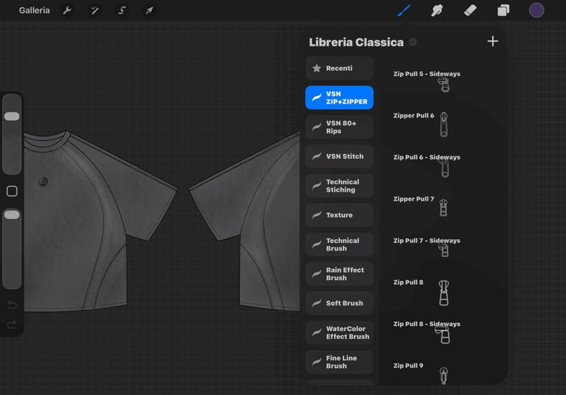 May include: A digital illustration of a gray t-shirt design, displayed on a dark background. The image includes a side panel with text in Italian, including "Libreria Classica" and various design options like "VSN ZIP+ZIPPER" and "Zipper Pull 6".