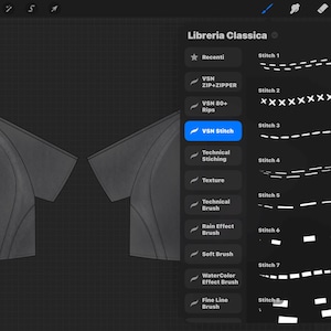 May include: A digital illustration of a gray t-shirt design, with a side panel showing various stitch styles and the text "Libreria Classica". The design interface includes options for VSN Stitch, Technical Stitching, and other effects.
