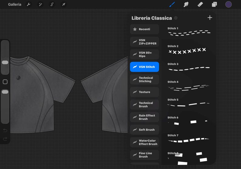 May include: A digital illustration of a gray t-shirt design, with a side panel showing various stitch styles and the text "Libreria Classica". The design interface includes options for VSN Stitch, Technical Stitching, and other effects.