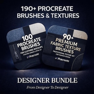 Può includere: Un pacchetto designer per Procreate con oltre 190 pennelli e texture. Include 100 pennelli Procreate per mockup di abbigliamento e oltre 90 pennelli per texture di tessuto premium. Il testo recita "Designer Bundle From Designer To Designer."