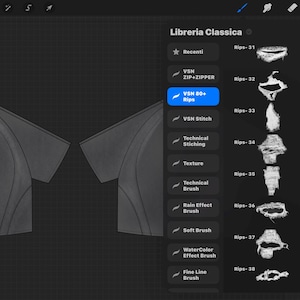 May include: A digital illustration of a gray t-shirt design, with a side view and a front view. The image also shows a digital art program interface with the text "Libreria Classica" and various brush options.
