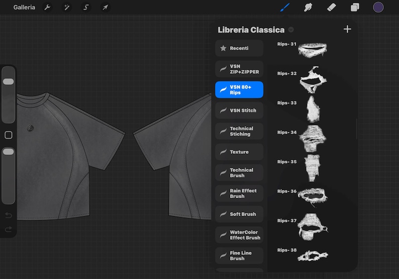 May include: A digital illustration of a gray t-shirt design, with a side view and a front view. The image also shows a digital art program interface with the text "Libreria Classica" and various brush options.