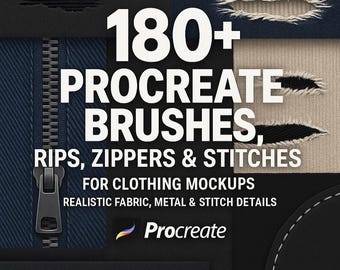 180+ Procreate penselen, rips, ritsen en stekensets voor kledingmodellen | Tools voor stoftextuur, naaien en ontwerpen