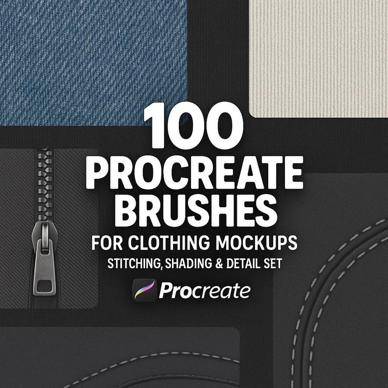 100+ Procreate Fashion Brushes for Clothing Mockups, Stitch Shade & Texture Set for Designers, Digital Illustrators and Streetwear Creatives image 1