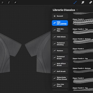 May include: A digital illustration of a dark gray t-shirt design, with a side panel showing the sleeve and shoulder. The screen displays a digital art program with brush options and the text "Libreria Classica".