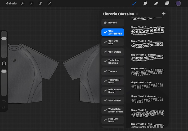 May include: A digital illustration of a dark gray t-shirt design, with a side panel showing the sleeve and shoulder. The screen displays a digital art program with brush options and the text "Libreria Classica".