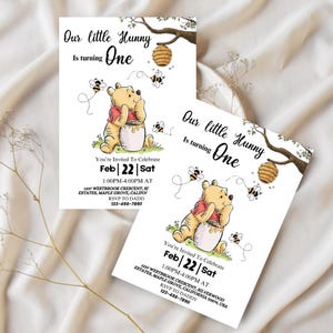 Winnie the pooh birthday invitation, little hunny birthday invite, first birthday invitation, baby birthday invite, Canva Editable