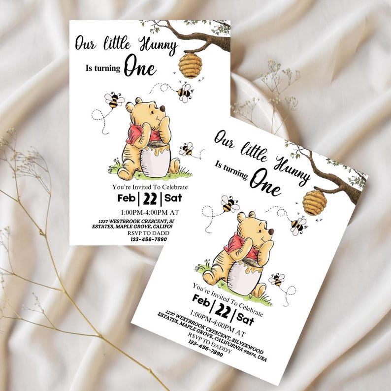 Winnie the pooh birthday invitation, little hunny birthday invite, first birthday invitation, baby birthday invite, Canva Editable