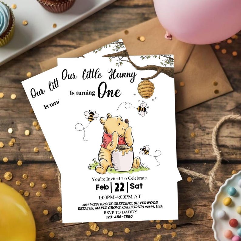 Winnie the pooh birthday invitation, little hunny birthday invite, first birthday invitation, baby birthday invite, Canva Editable