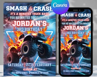 Editable Monster Truck Birthday Invitation Template For Boys, Thank You Tags & kids Phone Invitation, Trucks Birthday Invite, Canva Editable