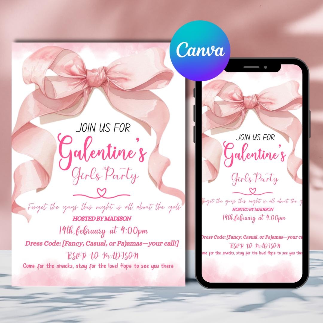 Galentine's Party Invitation Template, Pink Bow, Canva Editable ...