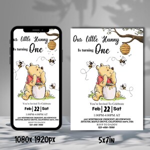 Winnie the pooh birthday invitation, little hunny birthday invite, first birthday invitation, baby birthday invite, Canva Editable