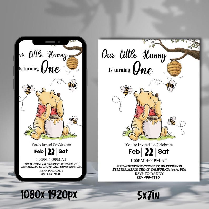 Winnie the pooh birthday invitation, little hunny birthday invite, first birthday invitation, baby birthday invite, Canva Editable