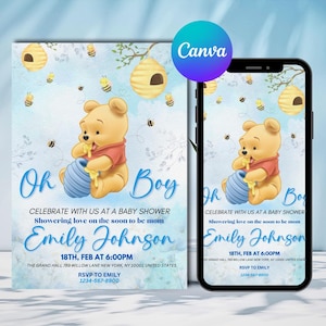 Invito modificabile per baby shower Winnie the Pooh, invito digitale Oh Boy, invito Winnie the Pooh blu, Canva modificabile