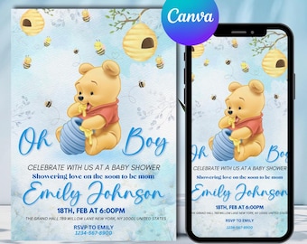 Invitación editable para baby shower de Winnie the Pooh, invitación digital Oh Boy, invitación azul de Winnie the Pooh, Canva editable