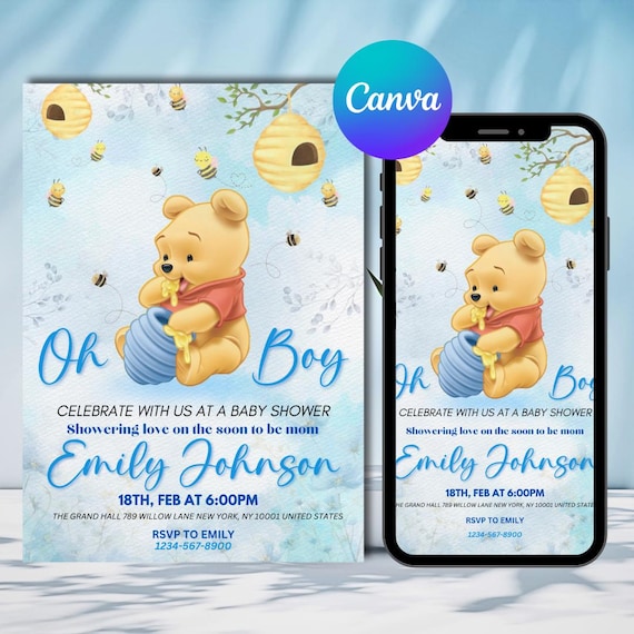 Editable Winnie the Pooh Baby Shower Invitation, Digital Invitation Oh Boy, Blue Winnie The Pooh Invitation, Canva Editable