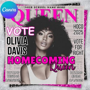 Könnte beinhalten: Magazin-Cover mit dem Porträt einer Frau mit dunklem, lockigem Haar. Das Cover-Design enthält das Wort "QUEEN" in Pink und Text, der Olivia Davis als Homecoming Queen bewirbt. Die Wahldaten werden als 25.08.2025 bis 04.09.2025 angezeigt.
