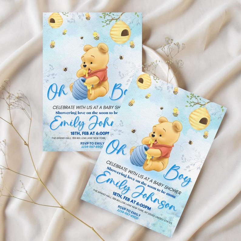 Editable Winnie the Pooh Baby Shower Invitation, Digital Invitation Oh Boy, Blue Winnie The Pooh Invitation, Canva Editable