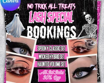 Peut inclure: Flyer promotionnel sur le thème d'Halloween avec un fond noir et rose pailleté. Le flyer présente un fantôme, un squelette et des images d'yeux avec des styles de cils spectaculaires. Le texte comprend "Lash Special Bookings" et "All Set Sales 30% Off".