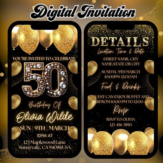 Digital 50th Birthday Invitation, Animated Dinner Party Evite, Rose Gold Fifty Invite For Women, Self Editable Itinerary eCard For Her
