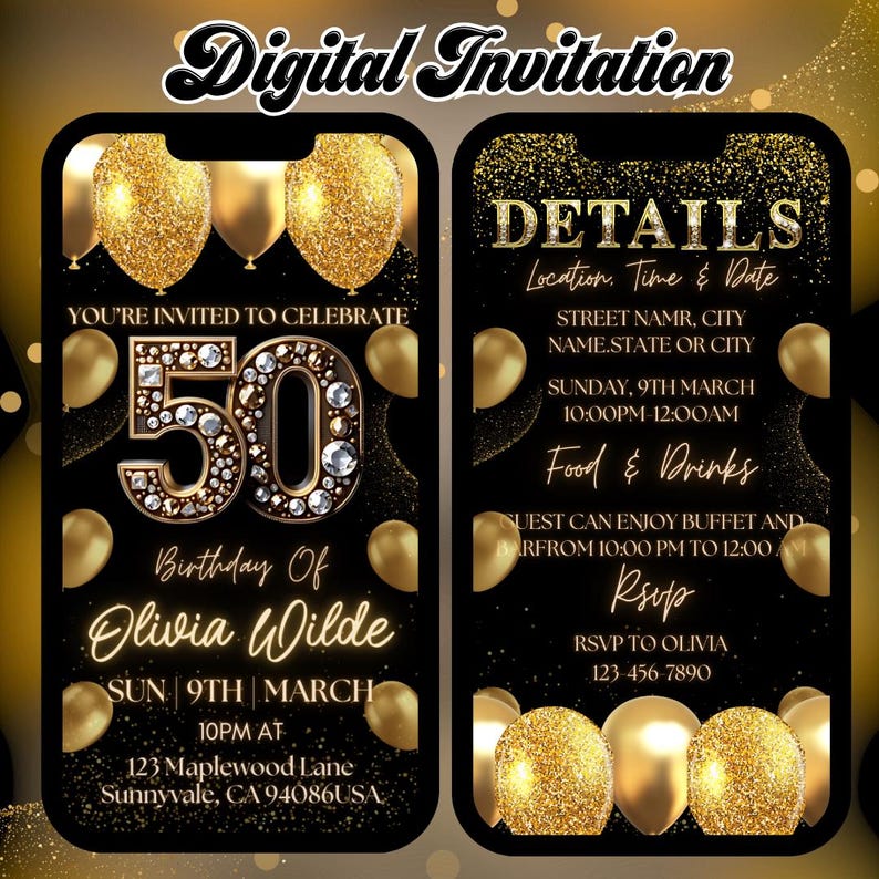 Digital 50th Birthday Invitation, Animated Dinner Party Evite, Rose Gold Fifty Invite For Women, Self Editable Itinerary eCard For Her